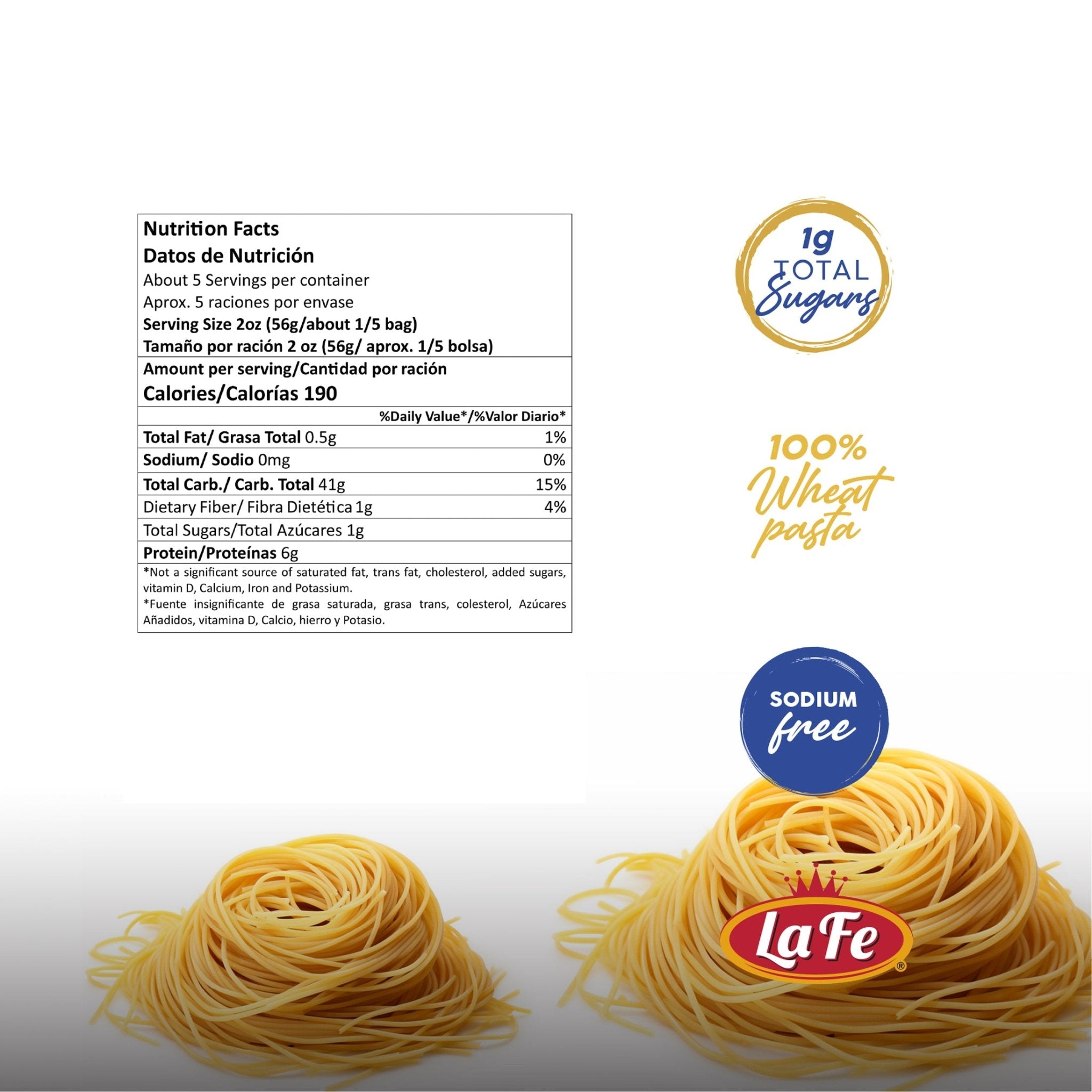 Nutrition facts for La Fe angel hair pasta, 100% wheat, sodium-free, 1g sugars, perfect for quality Latin food.