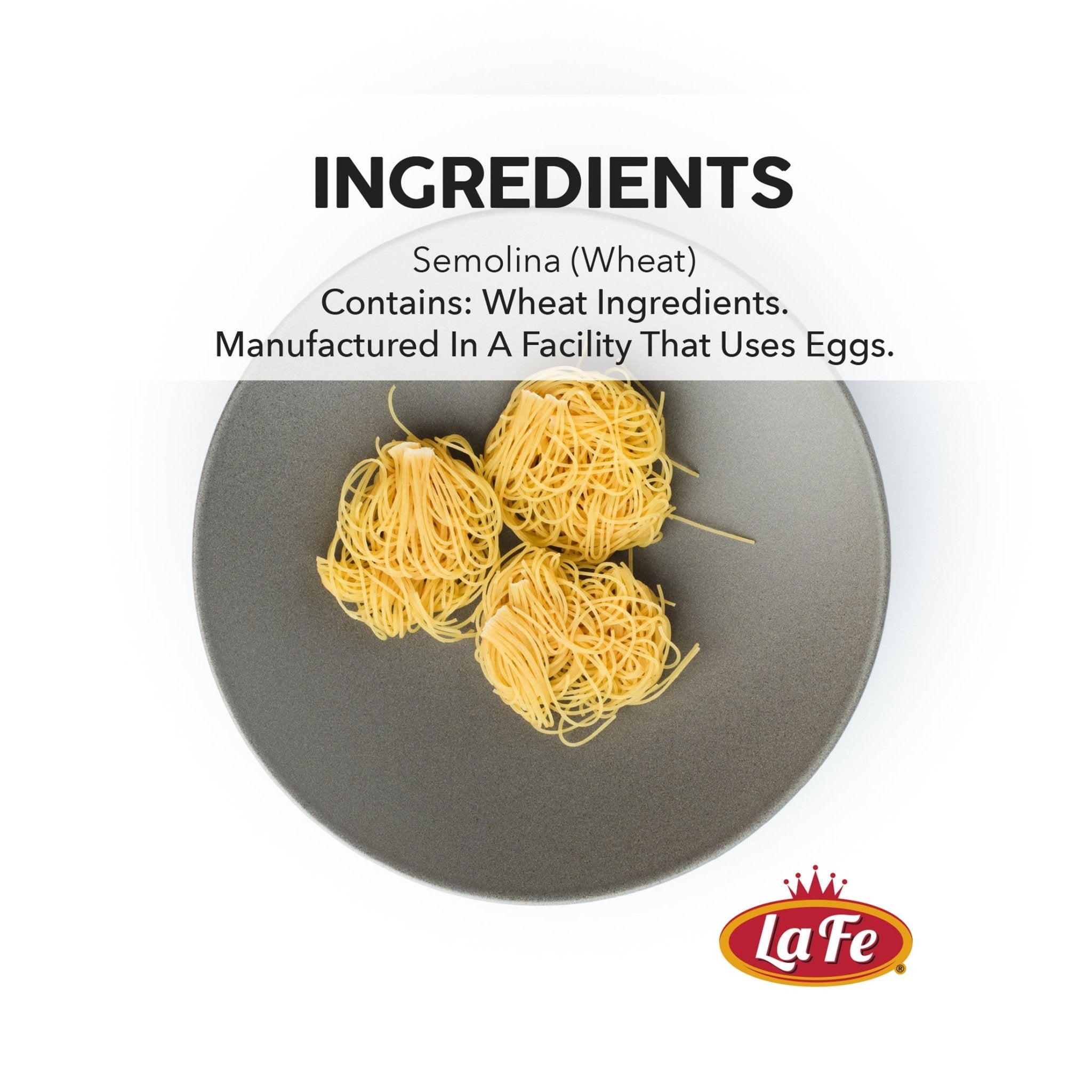 La Fe angel hair pasta ingredients display on a plate, showcasing quality Latin food ingredients for authentic flavors.