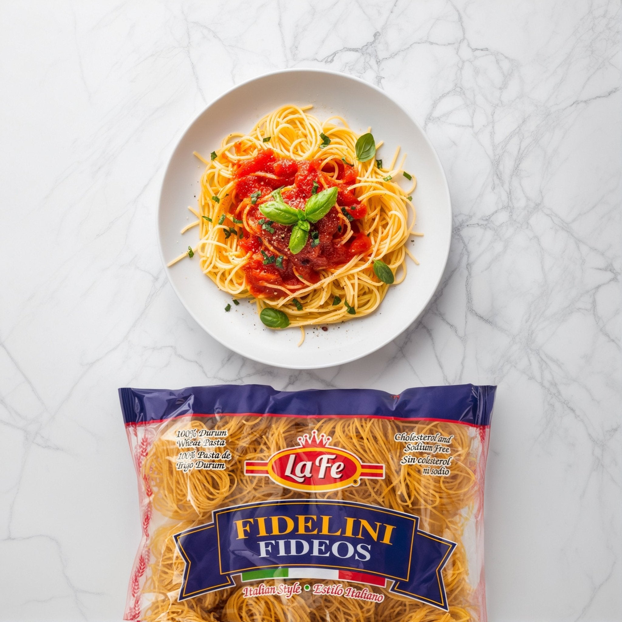 Plate of La Fe Pasta Fidelini Fideos topped with fresh sauce and basil, showcasing authentic Latin flavors.