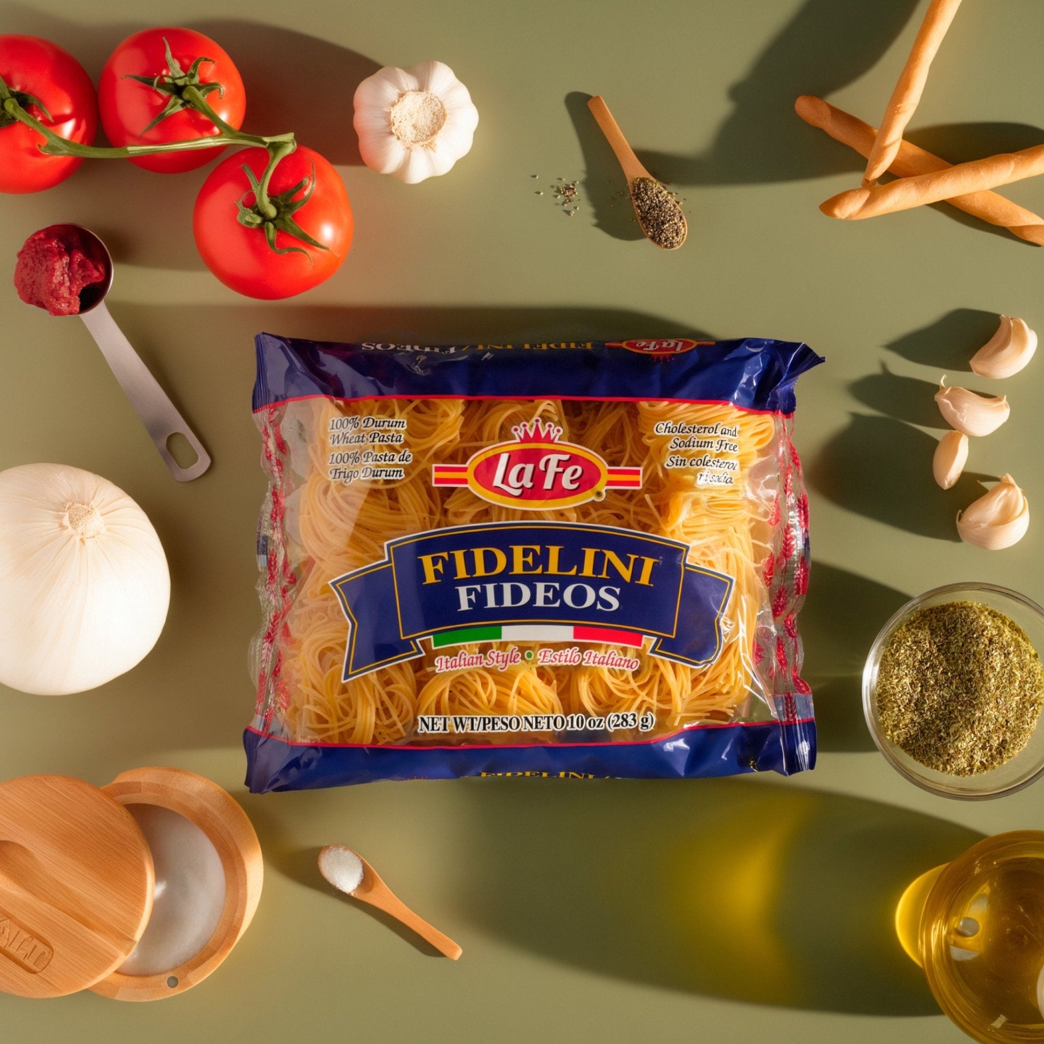 La Fe Pasta Fidelini Fideos on a table with fresh ingredients, perfect for authentic Latin cuisine and family meals.