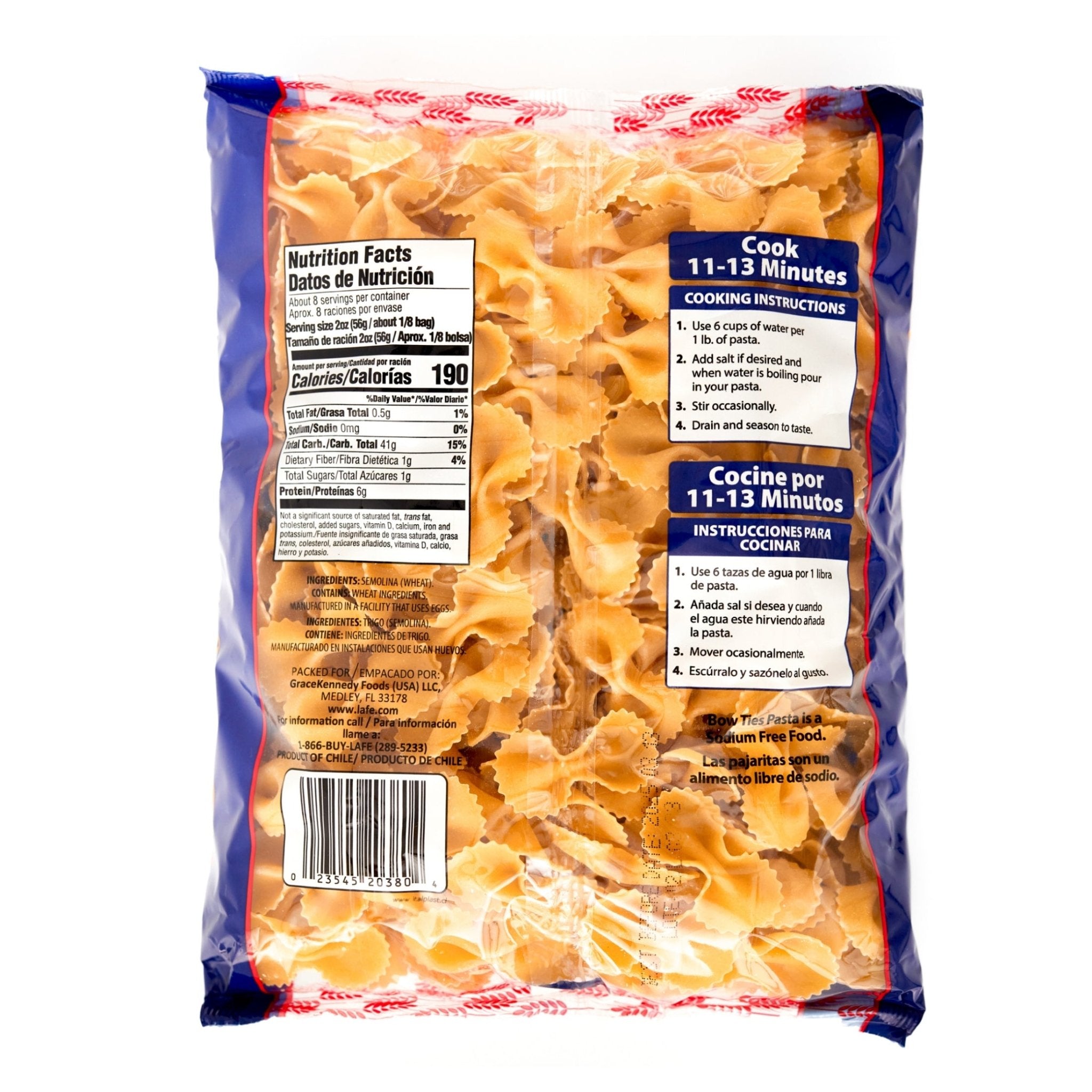 LA FE Pasta Bow Tie package showcasing nutritional facts and cooking instructions for quality Latin food.
