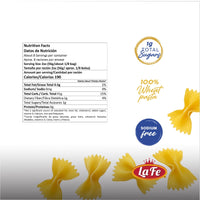 Nutrition facts for LA FE Pasta Bow Tie, highlighting quality ingredients and nutrition details for authentic Latin food.