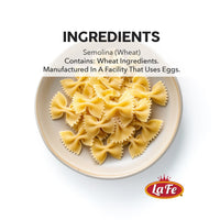 Bowl of La Fe Pasta Bow Tie with ingredients labeled, perfect for authentic Latin food dishes.