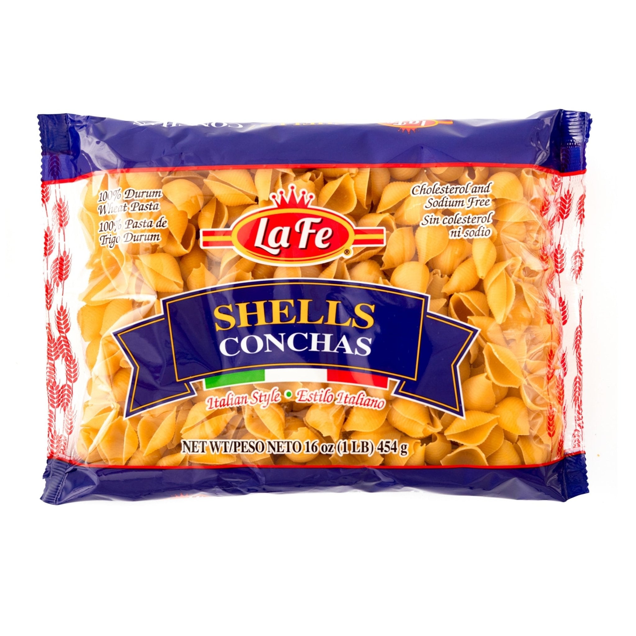 LA FE Pasta Shells 16 oz bag, perfect for delicious Latin dishes, soups, or salads. Quality Latin food product.