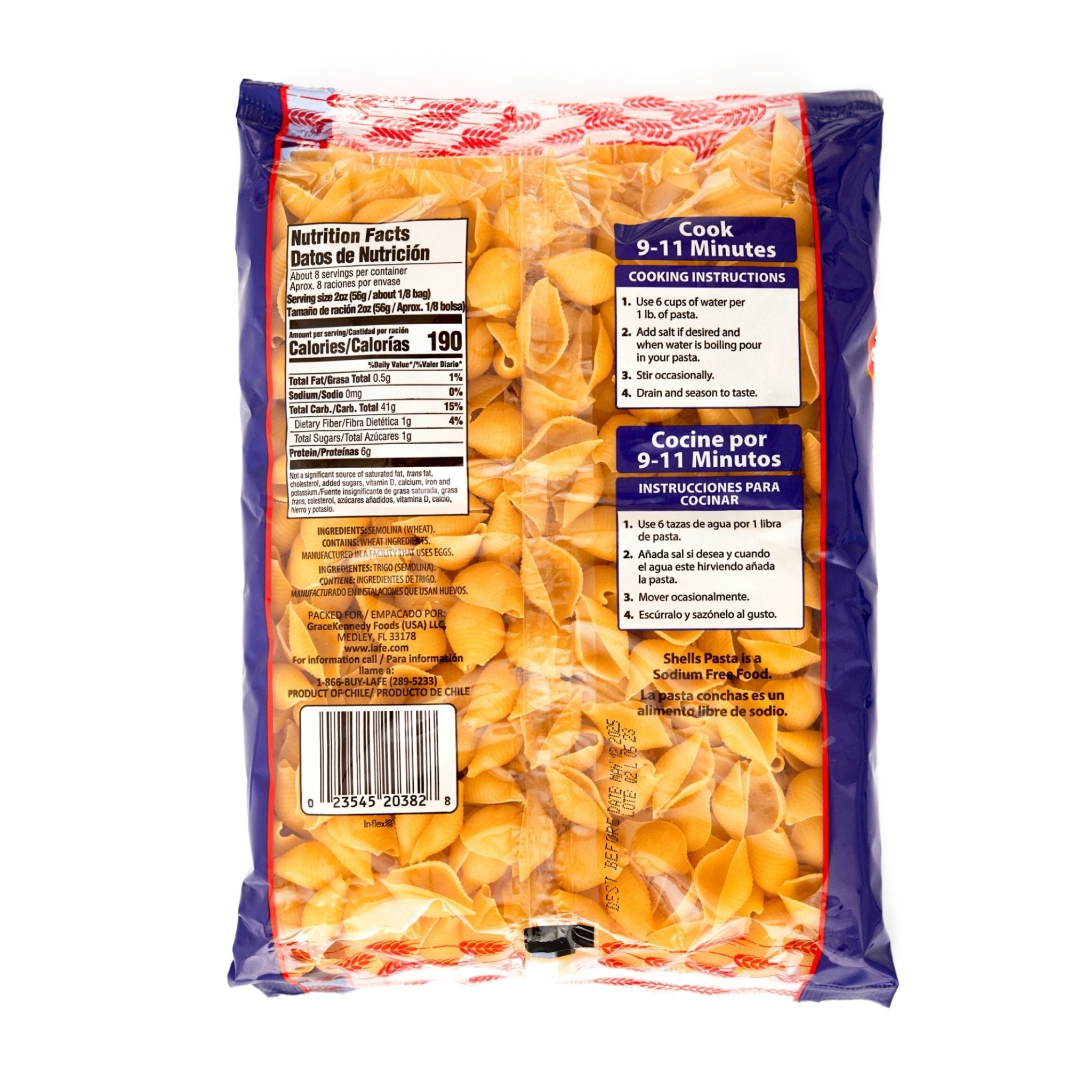 LA FE pasta shells packaging with cooking instructions, ideal for delicious Latin dishes and family meals.
