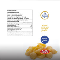 Nutrition facts for LA FE Pasta Shells showcasing quality ingredients and healthy attributes