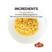 LA FE Pasta Shells ingredients: semolina wheat, high-quality ingredients for authentic Latin flavors.