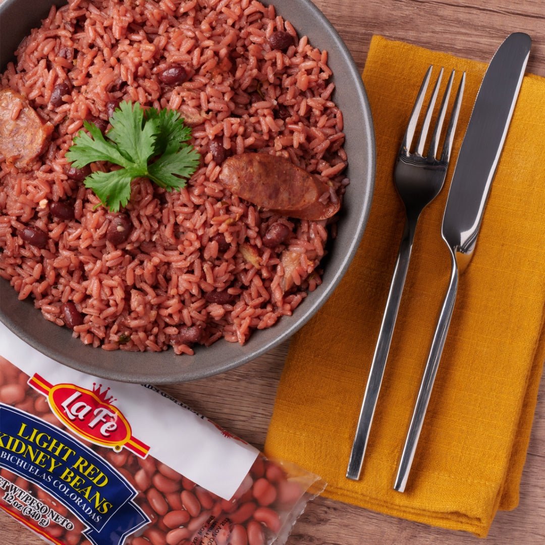 Delicious LA FE light red kidney beans served with rice, showcasing vibrant flavors of authentic Latin food.