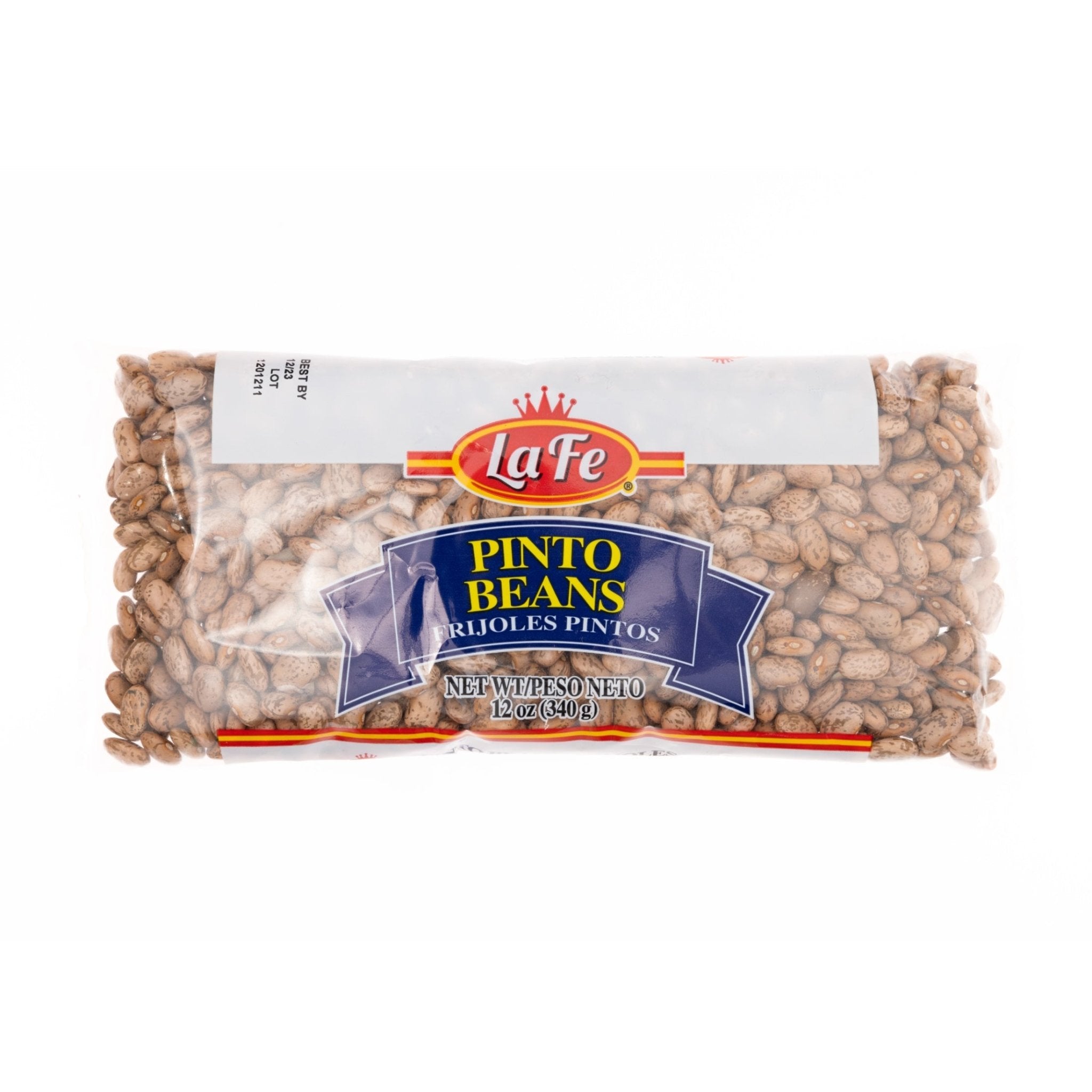 La Fe Dry Pinto Beans package, 24x12 oz, rich in protein and fiber, perfect for authentic Latin food.