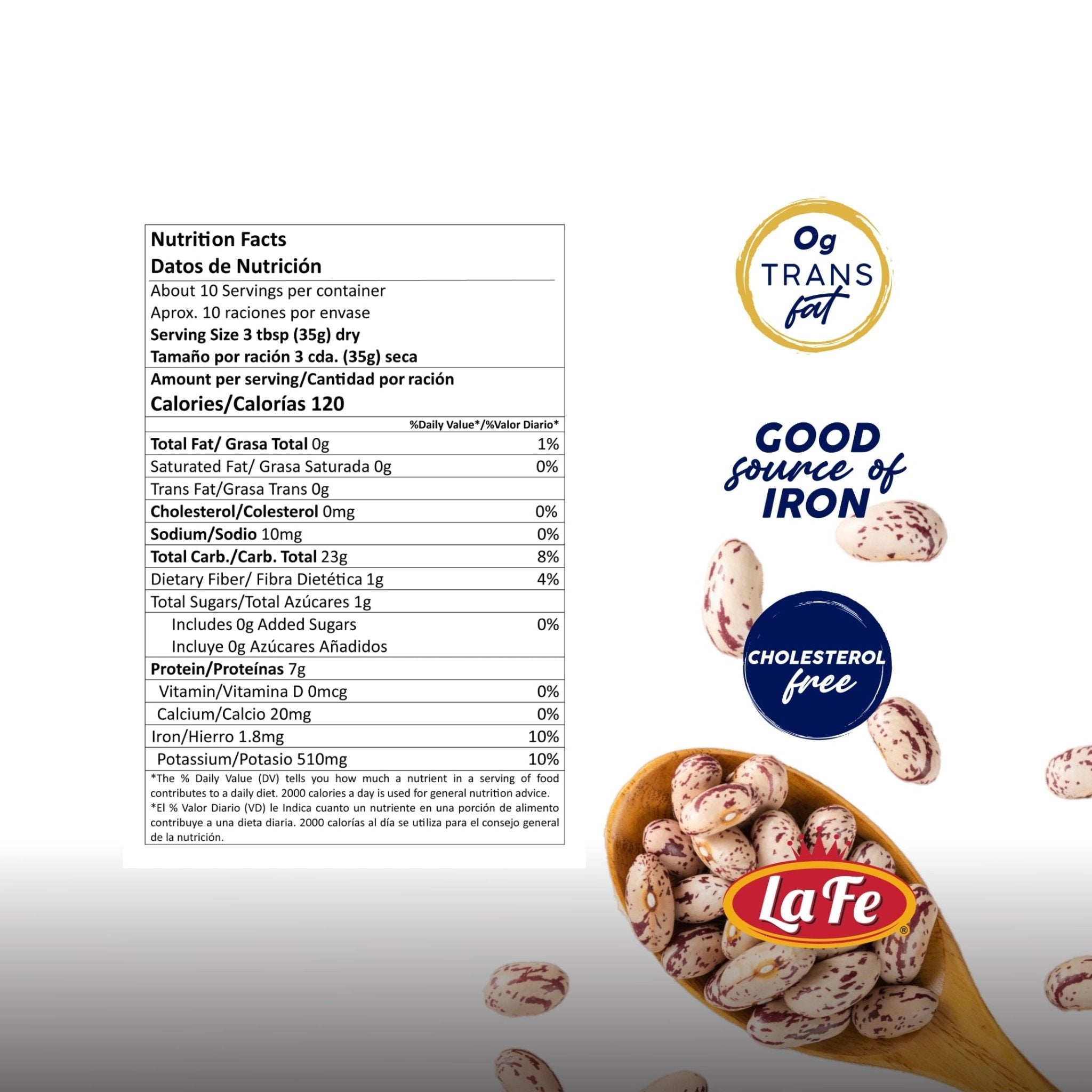 Nutrition facts for La Fe Dry Pinto Beans highlighting protein, fiber, and essential nutrients in authentic Latin food.