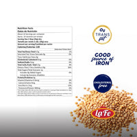 Nutrition facts for La Fe dry lentils highlighting fiber and iron content, perfect for healthy Latin food options.