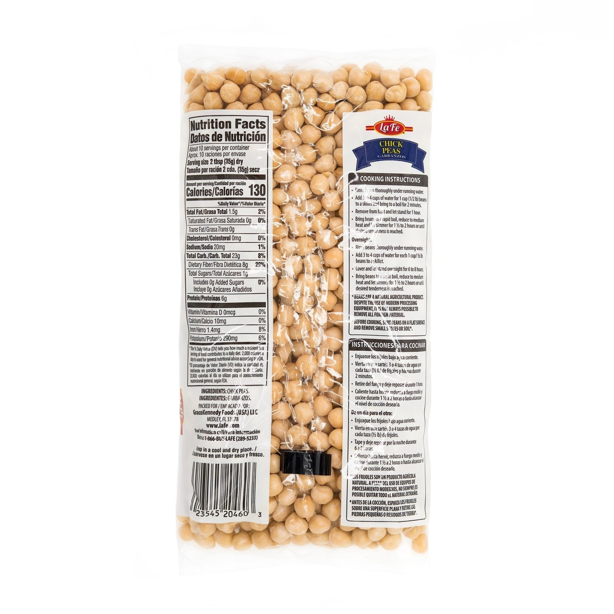 LA FE Dry Chickpeas package showcasing nutrition facts, ideal for healthy Latin dishes and protein-rich meals.