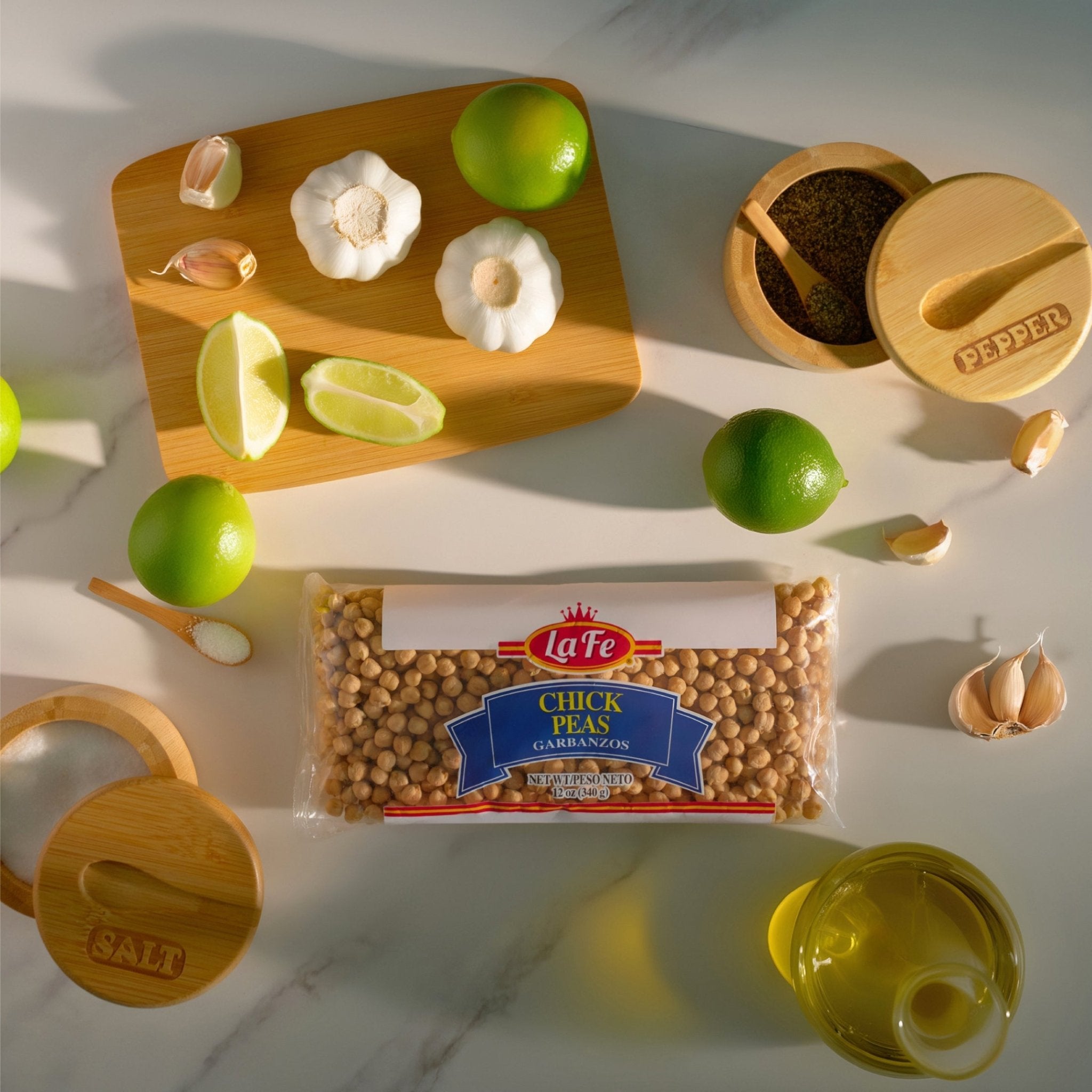 LA FE Dry Chickpeas with garlic, lime, and seasonings on a kitchen countertop, perfect for healthy Latin dishes.