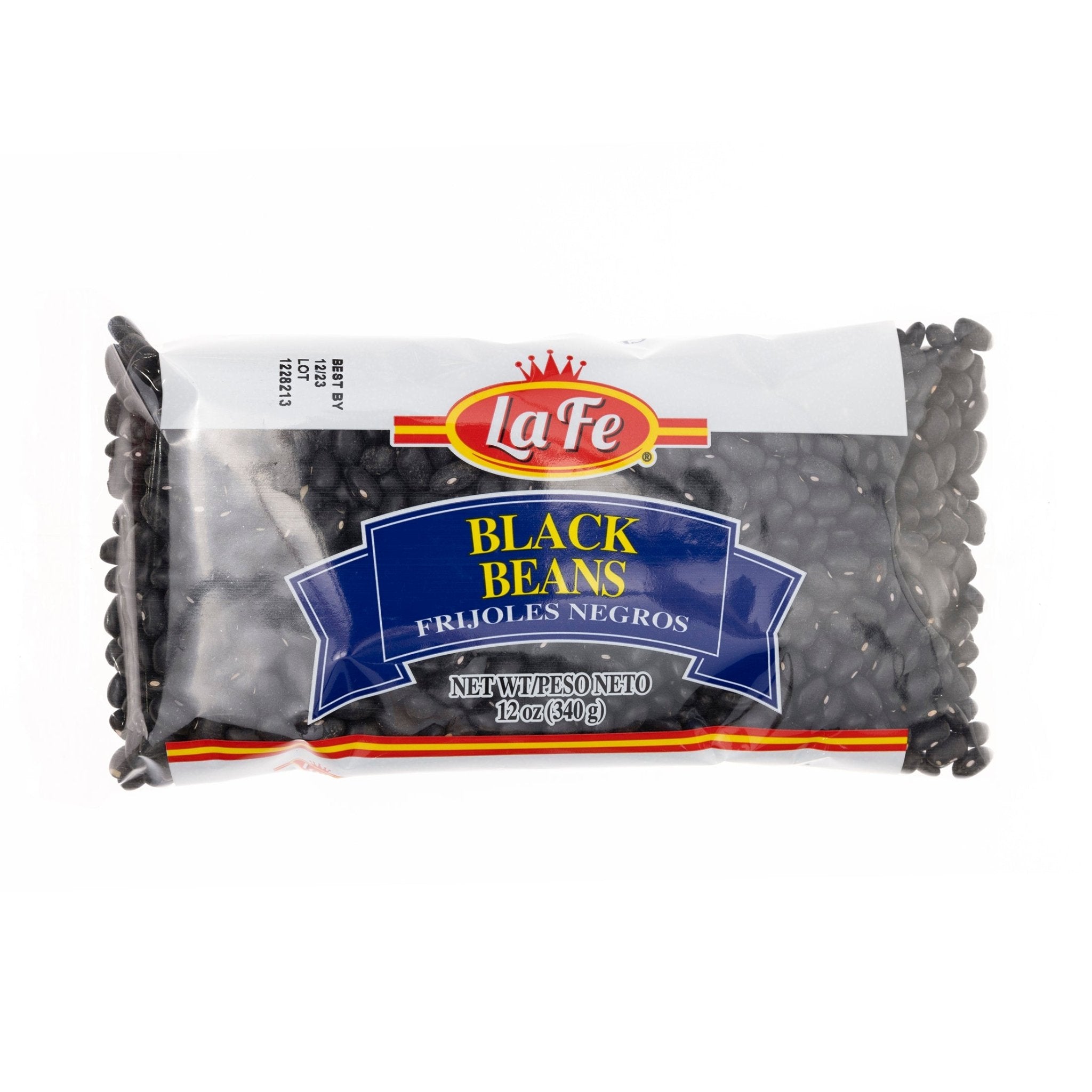 La Fe dry black beans packaging, ideal for quality Latin food, rich in protein and fiber, perfect for soups and salads.