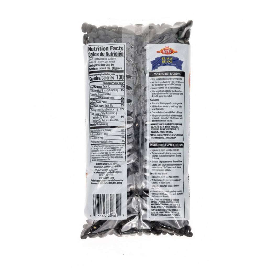 LA FE dry black beans packaging showcasing nutrition facts for quality Latin food products.