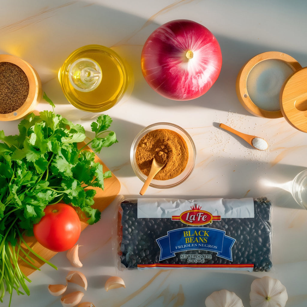 La Fe dry black beans with fresh ingredients like tomatoes, onion, and spices, perfect for authentic Latin food recipes.