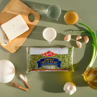 LA FE dry green split peas with fresh ingredients on a kitchen counter, perfect for authentic Latin food recipes.