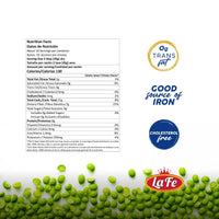 Nutrition facts of La Fe Dry Green Split Pea 12oz highlighting quality and health benefits.