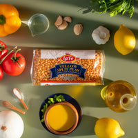 La Fe Yellow Split Peas 12oz surrounded by fresh ingredients for authentic Latin food recipes.
