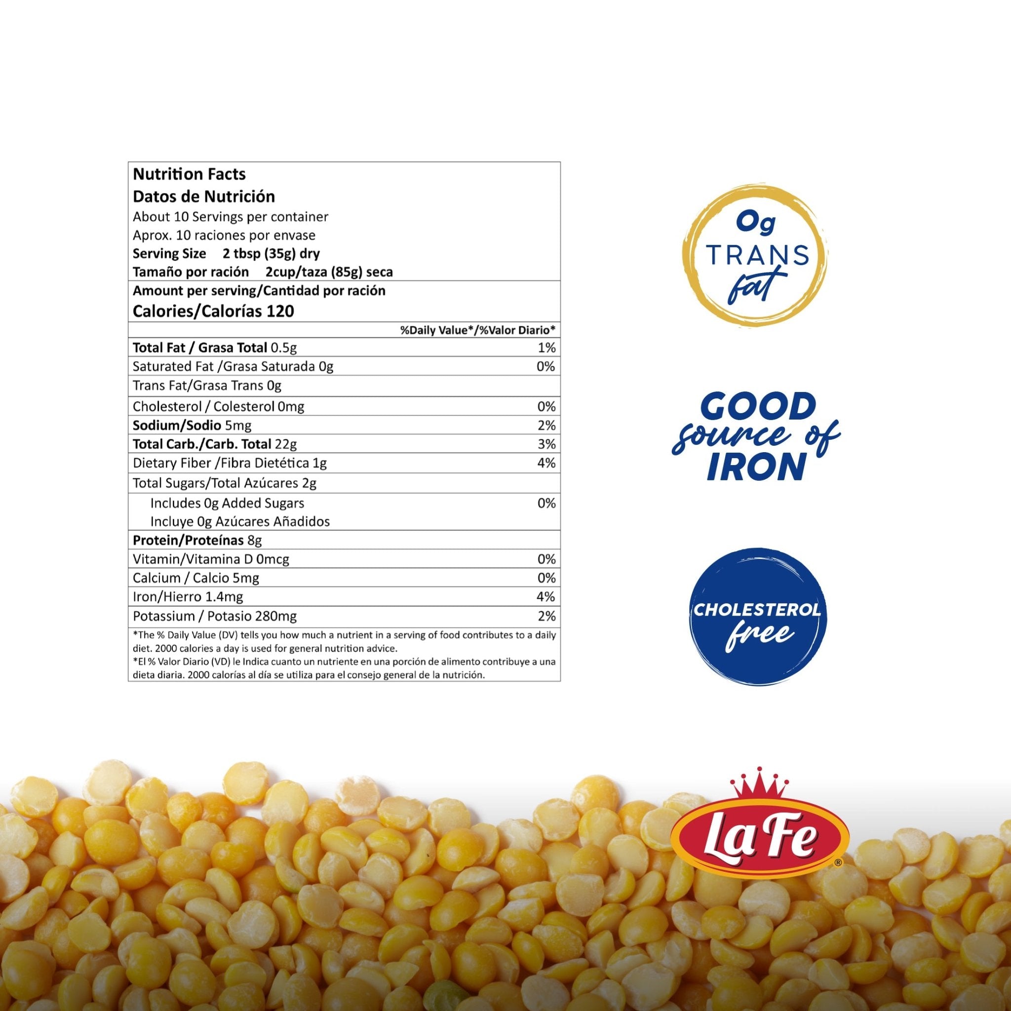 Nutrition facts for La Fe yellow split peas, showcasing health benefits and quality for authentic Latin food lovers.