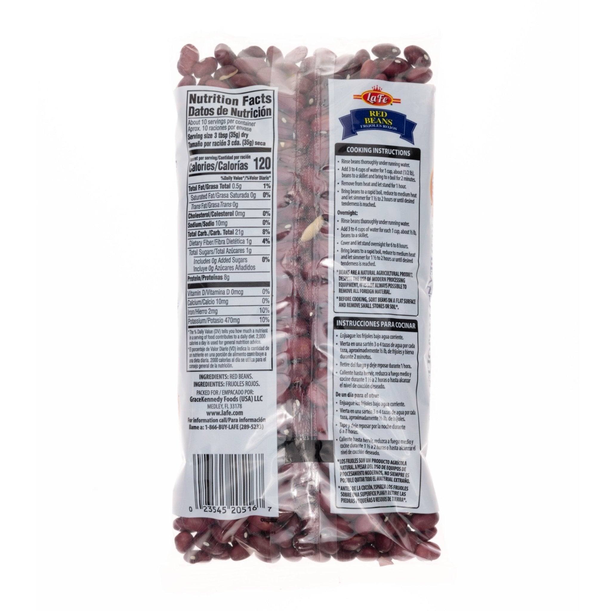 LA FE Dry Small Red Beans package showing nutrition facts and cooking instructions, perfect for authentic Latin food.