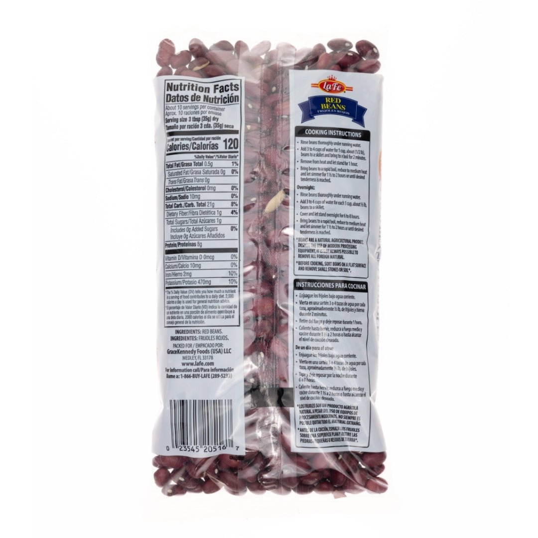LA FE Dry Light Red Kidney Beans packaging with nutrition facts, perfect for quality Latin food and authentic Hispanic recipes.