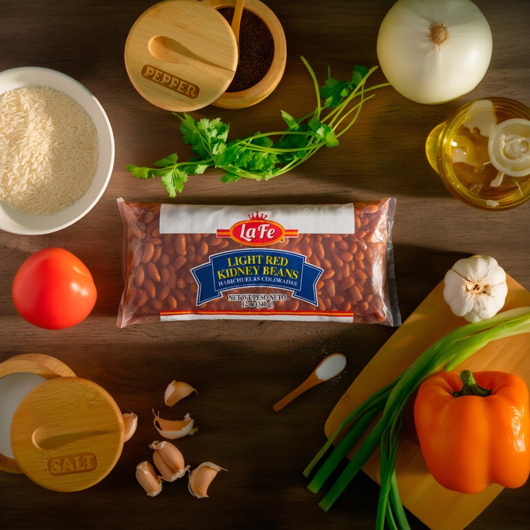 La Fe Dry Light Red Kidney Beans surrounded by fresh ingredients, perfect for authentic Latin recipes and healthy meals.
