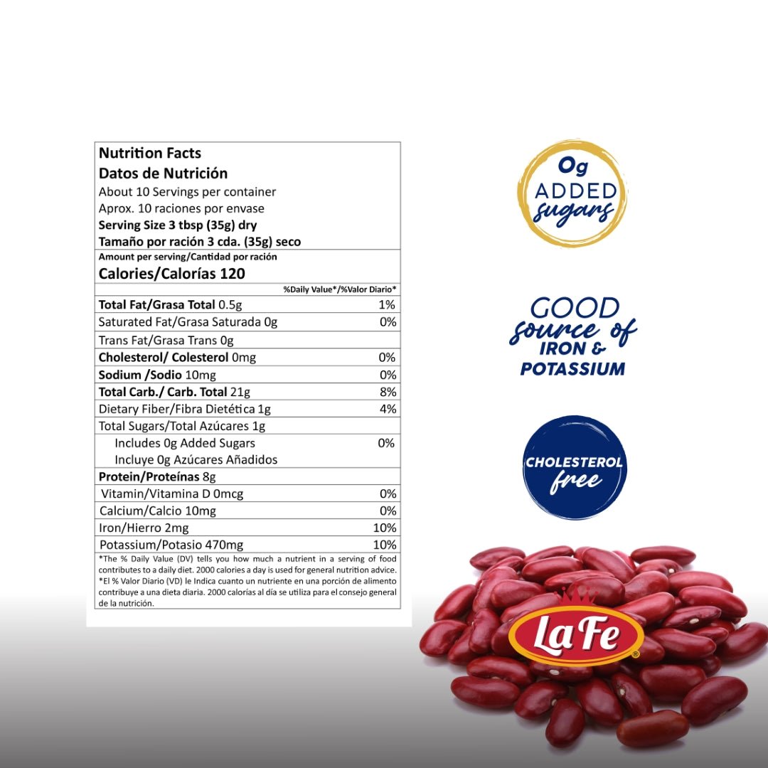 Nutrition facts for La Fe dry light red kidney beans, rich in protein and fiber, ideal for authentic Latin meals.