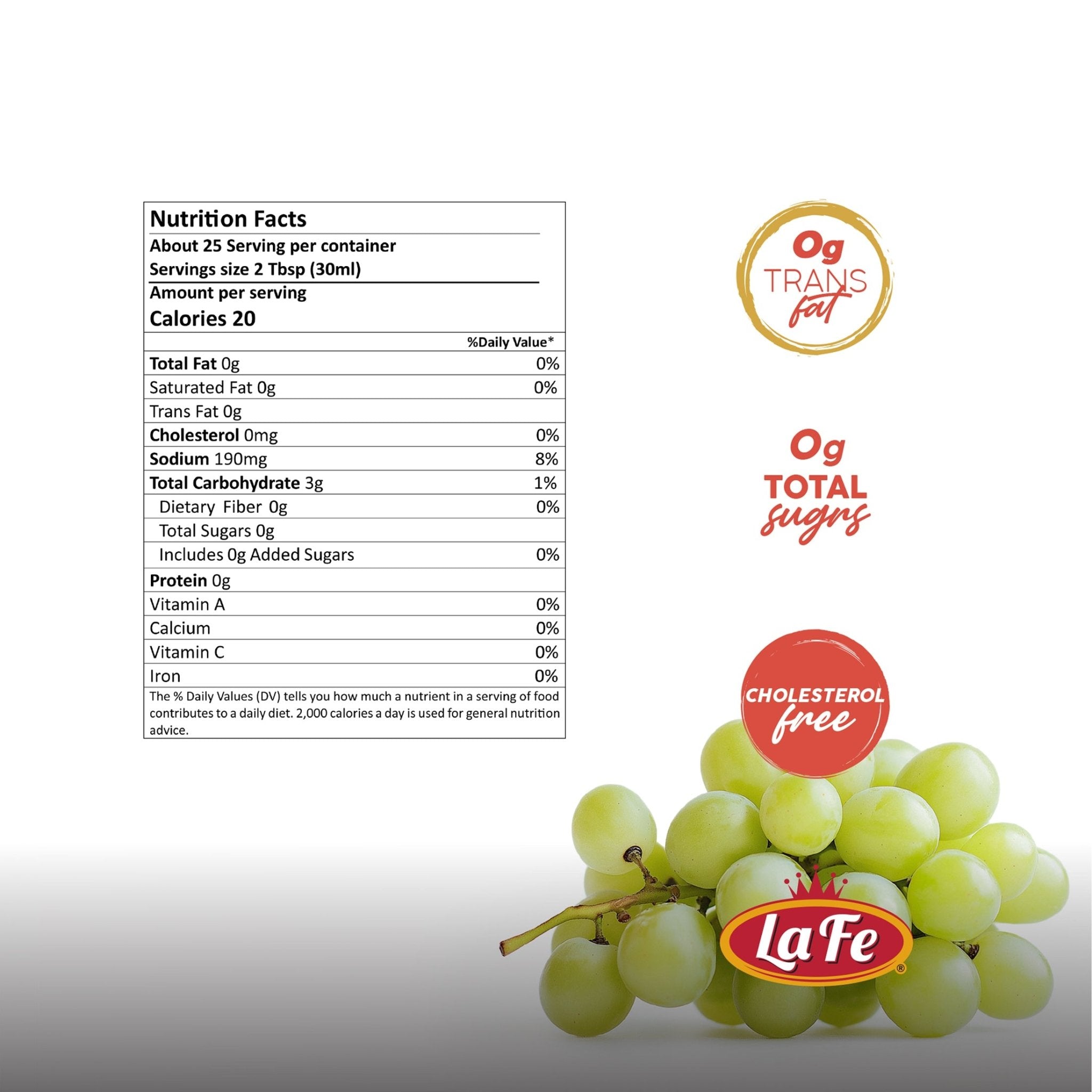 Nutrition facts label for La Fe Cooking Wine Golden, highlighting 0g trans fat and cholesterol-free quality.