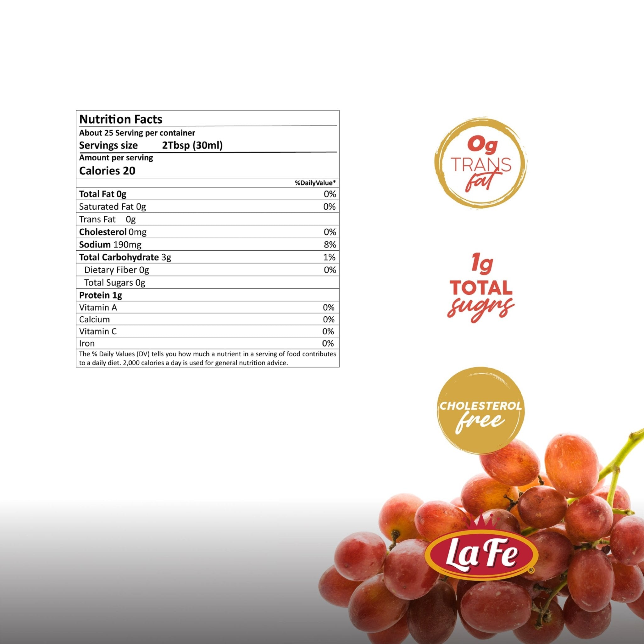 Nutrition facts for La Fe Cooking Wine Red, highlighting low calories and total sugars in a fresh Latin food product.