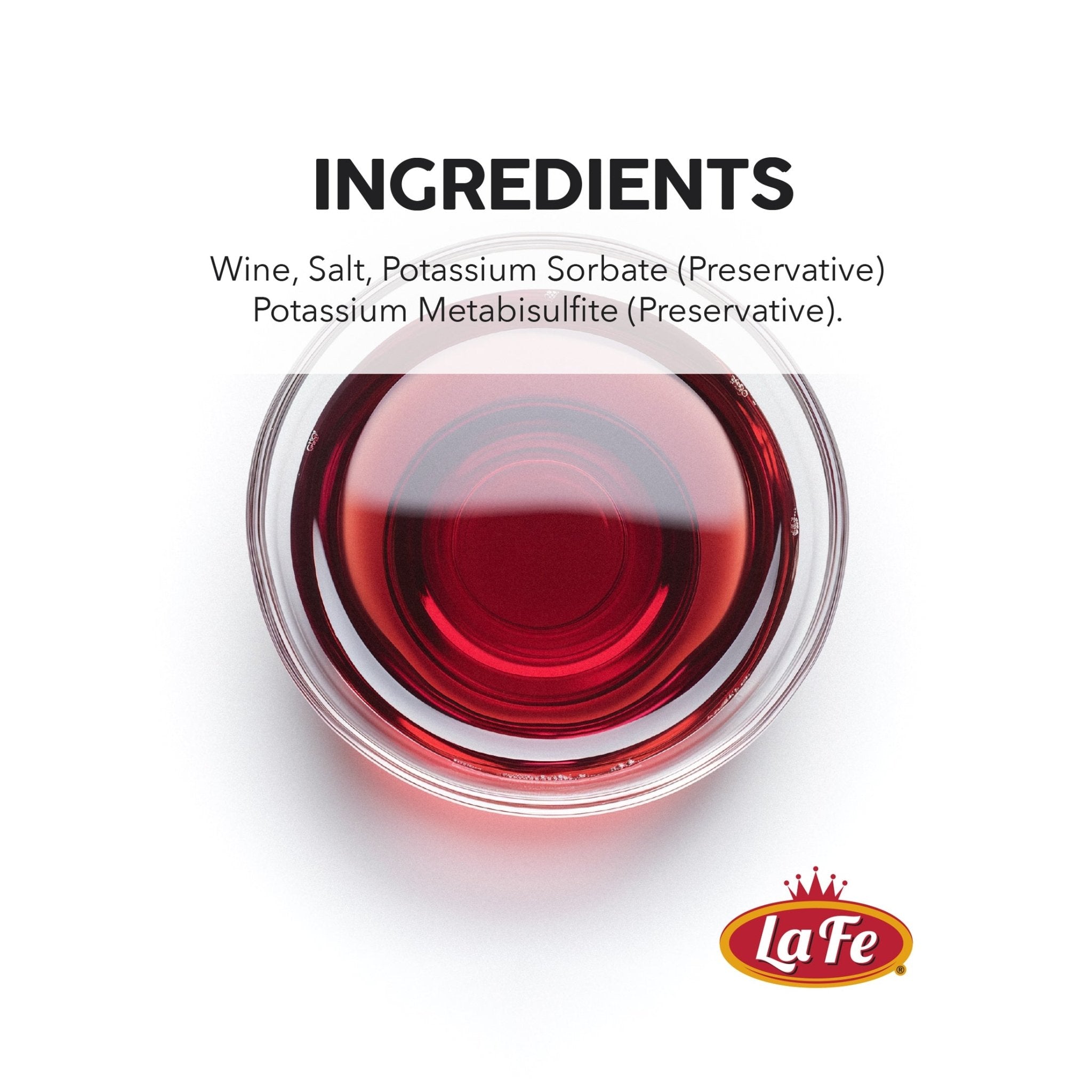 LA FE Cooking Wine ingredients list showing wine, salt, potassium sorbate, and potassium metabisulfite for quality Latin foods.