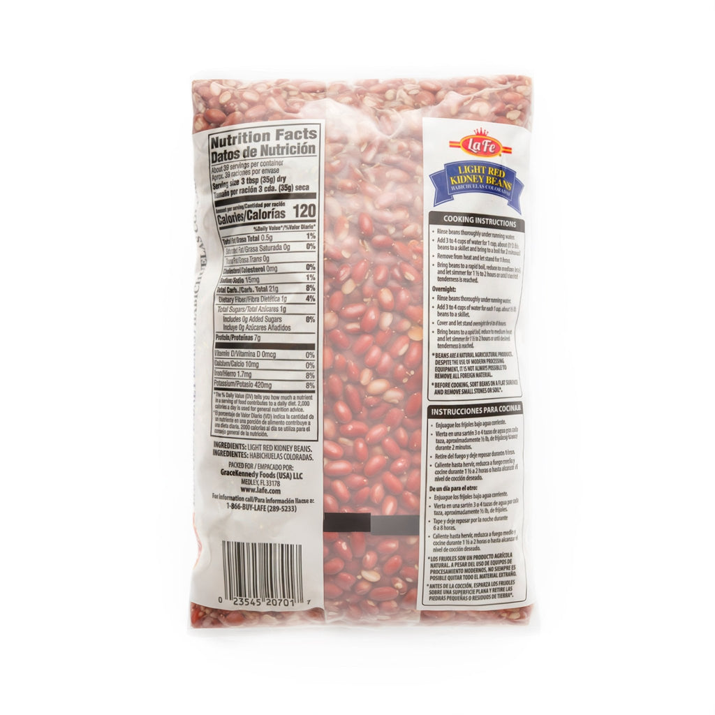 La Fe Dry Light Red Kidney Beans package featuring nutrition facts and cooking instructions, perfect for quality Latin food.