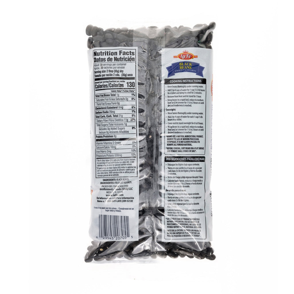 La Fe Dry Black Beans 6x3 lb packaging with nutrition facts, a quality Latin food product for healthy meals.