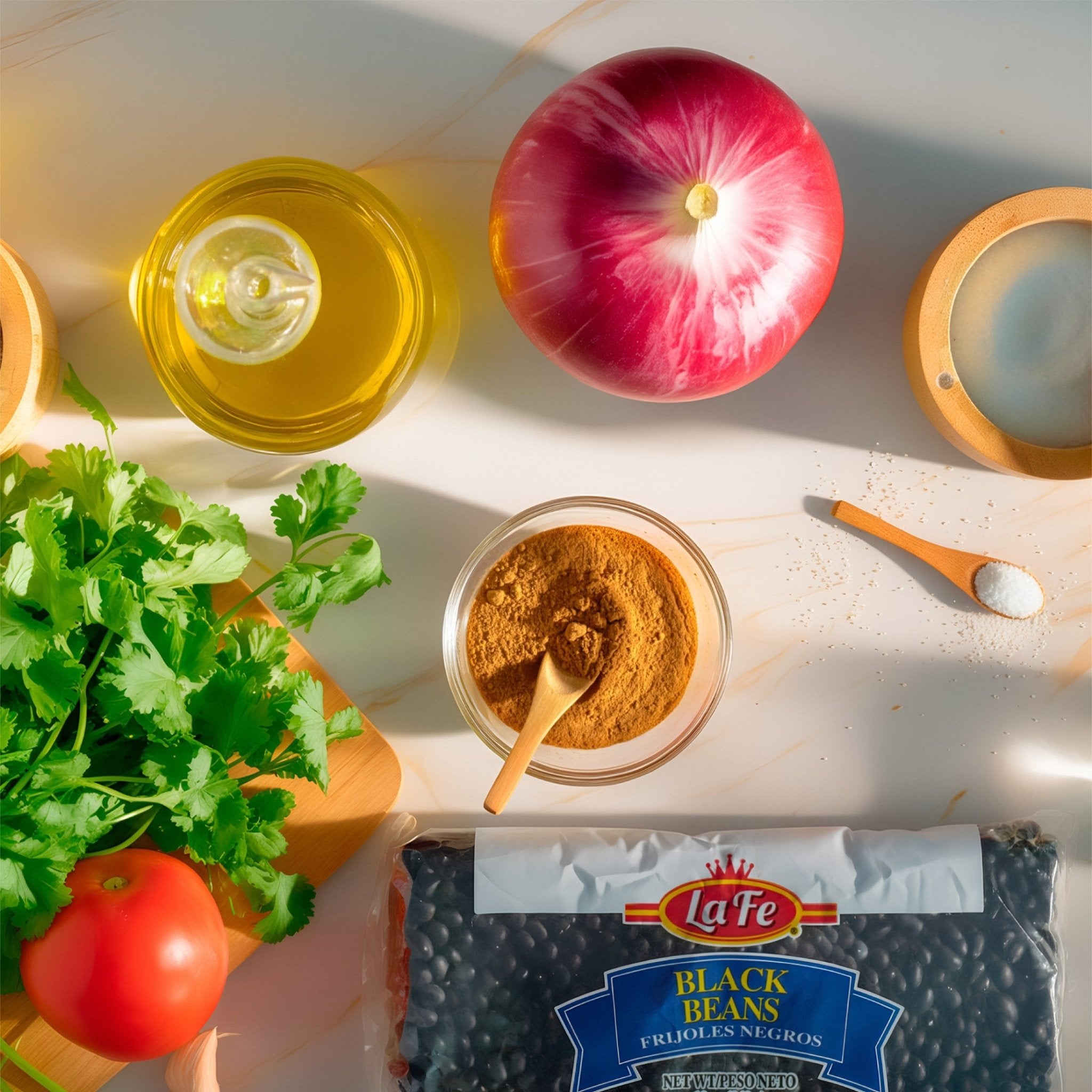 La Fe Black Beans with fresh ingredients: olive oil, onion, spices, cilantro, and tomato, showcasing authentic Latin flavors.