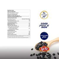 Nutrition facts for La Fe Dry Black Beans highlighting health benefits like iron source and cholesterol-free, ideal for quality Latin food.