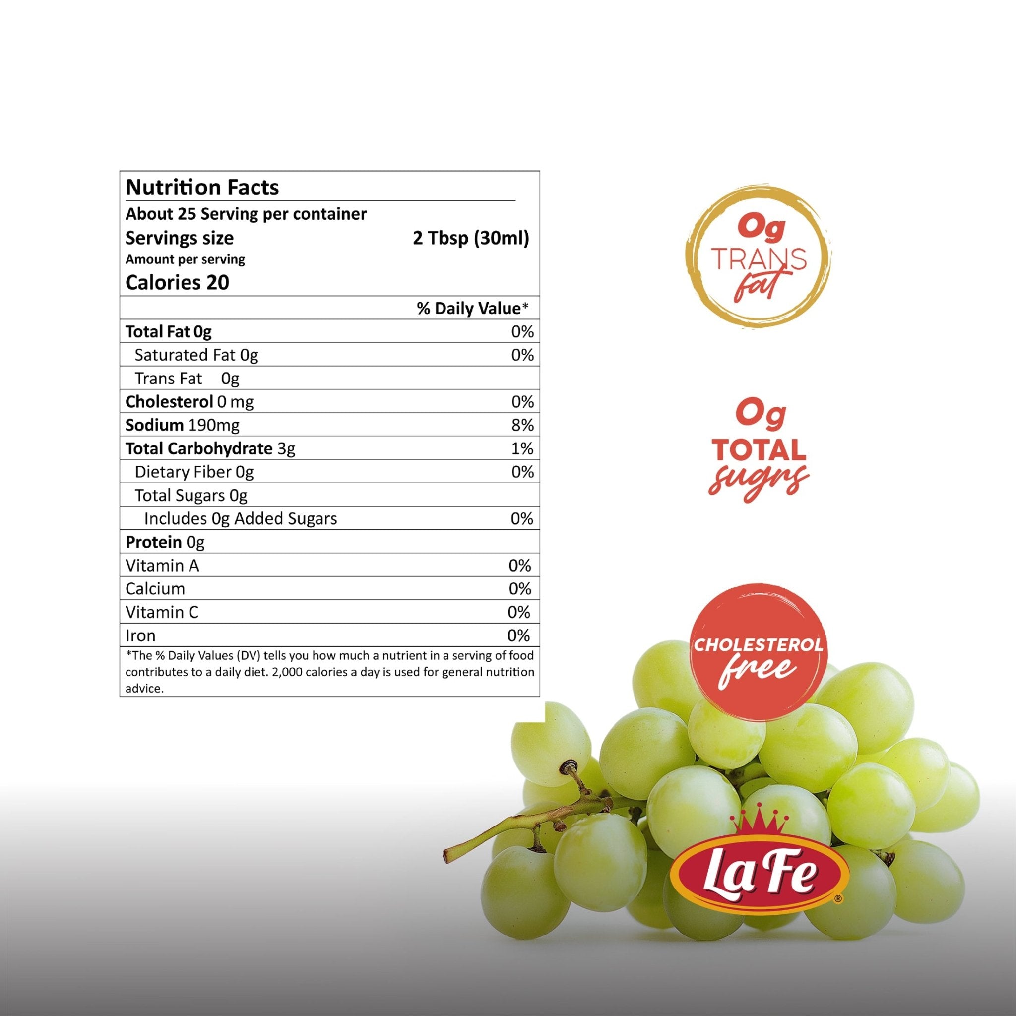 Nutrition facts for LA FE COOKING WINE WHITE next to fresh green grapes showcasing healthy ingredients.