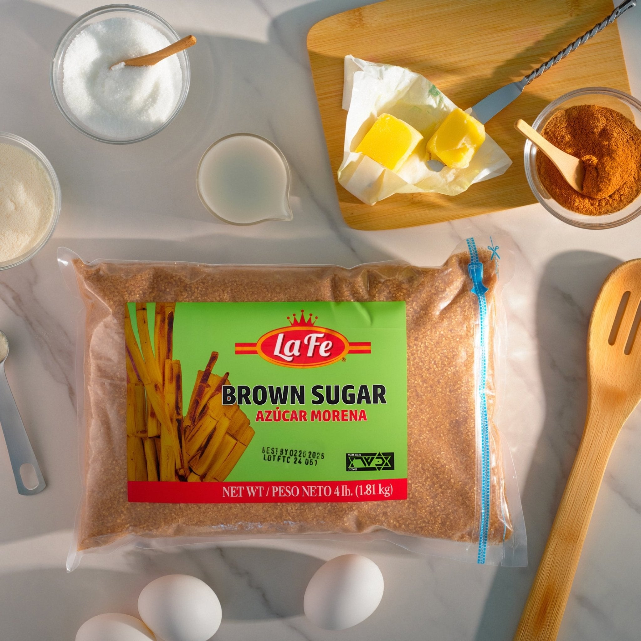 La Fe Brown Sugar 4 lb bag, perfect for authentic Latin food and baking, quality Latin ingredients for delicious recipes.