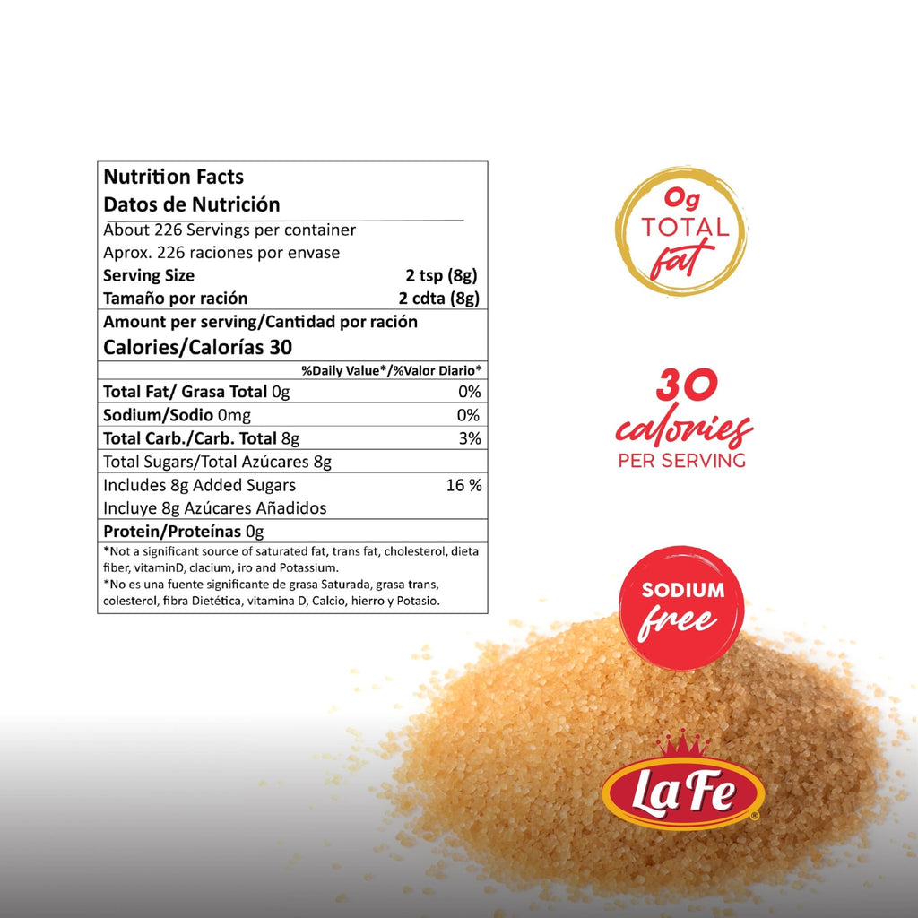 La Fe Brown Sugar nutrition facts, 100% pure cane sugar for authentic Latin flavors and quality Hispanic food.