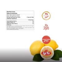 Nutrition facts of La Fe Lemon Juice with fresh lemons, showcasing quality ingredients for authentic Latin flavors.