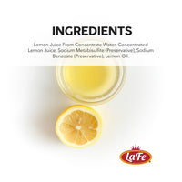 La Fe Lemon Juice ingredients: fresh lemon juice, preservatives, and lemon oil. Perfect for authentic Latin flavors.