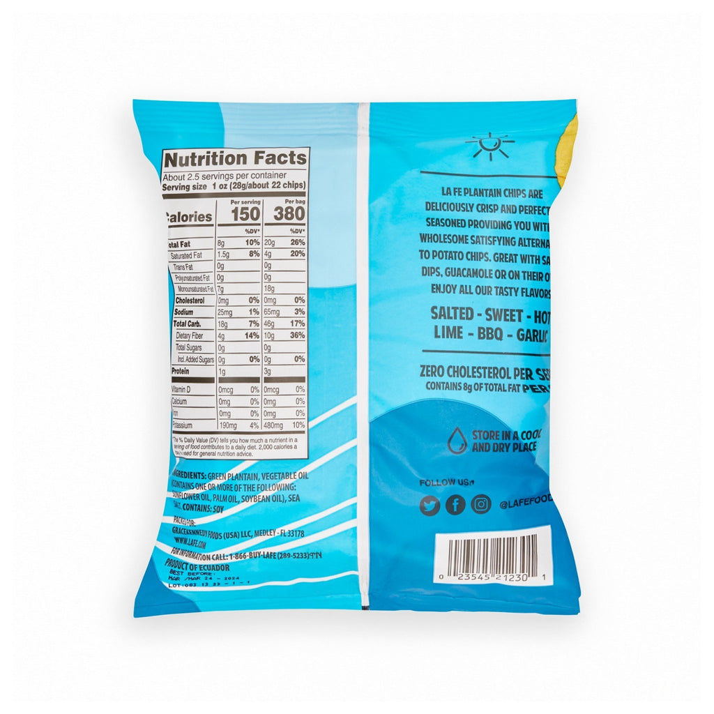 Nutrition facts for LAFE CHIPS Plantain Salted snacks with flavors. Authentic Latin food from a trusted Hispanic food brand.