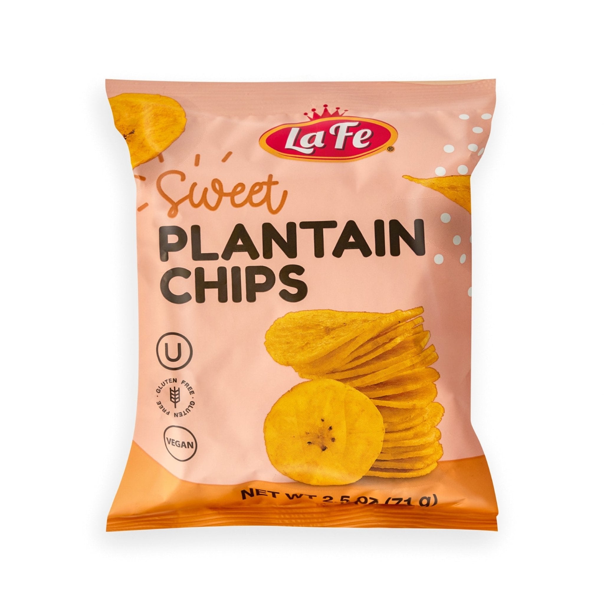 La Fe Sweet Plantain Chips 24/2.5 oz pack, gluten-free Latin snacks, perfect for any occasion, authentic tropical flavors.