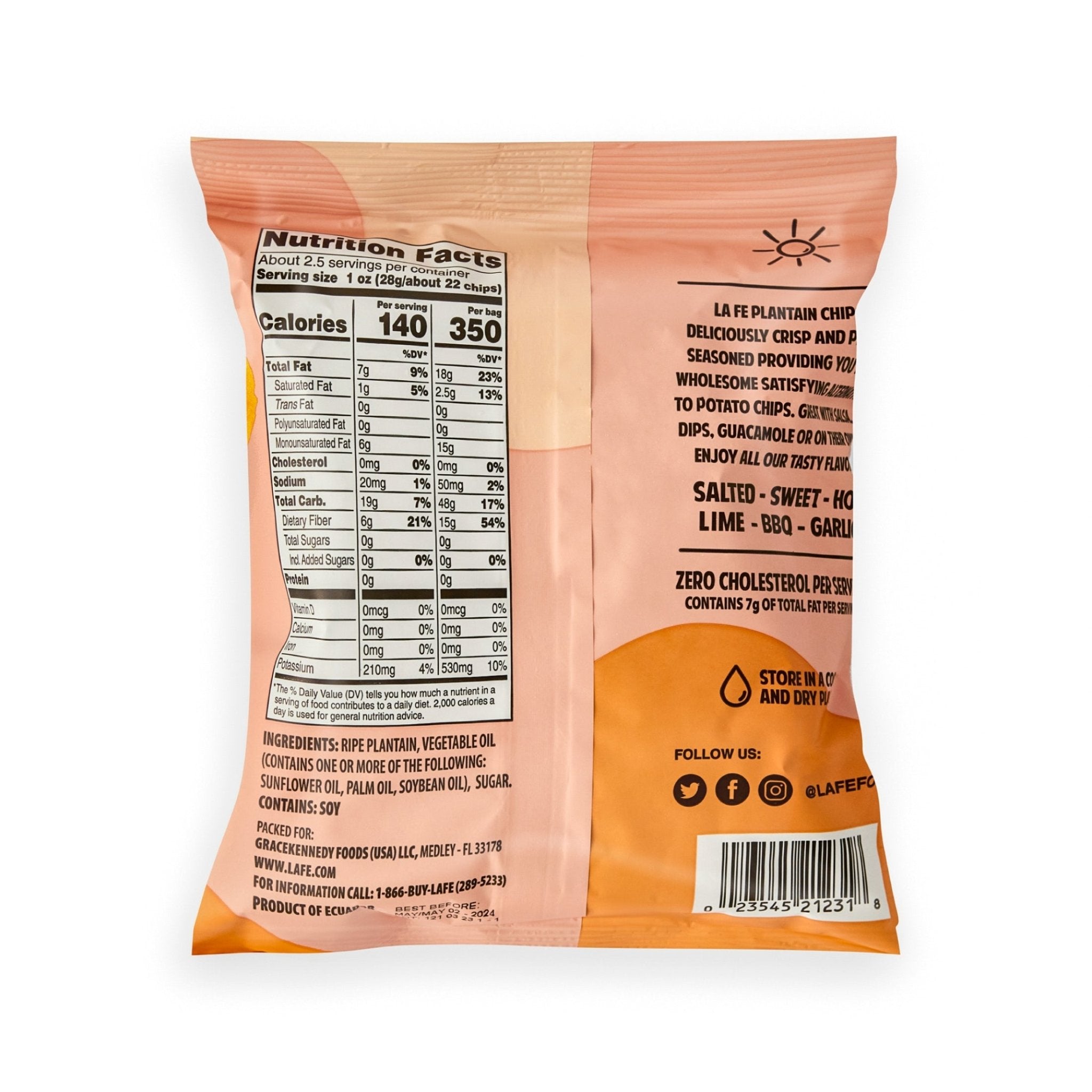 LA FE Chips Plantain Sweet bag showing nutrition facts, perfect gluten-free snack with tropical flavors.