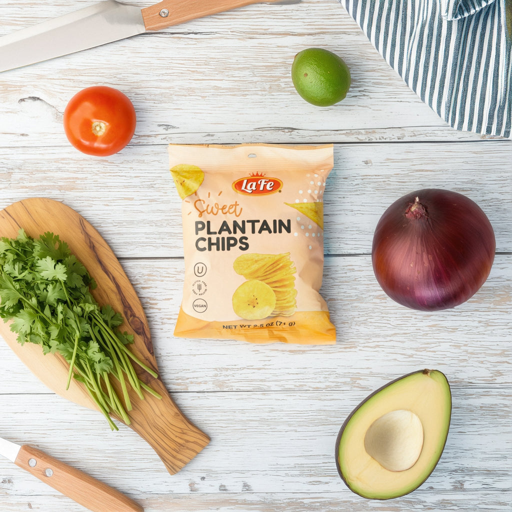 La Fe Sweet Plantain Chips with fresh ingredients, perfect for a quality Latin snack experience.