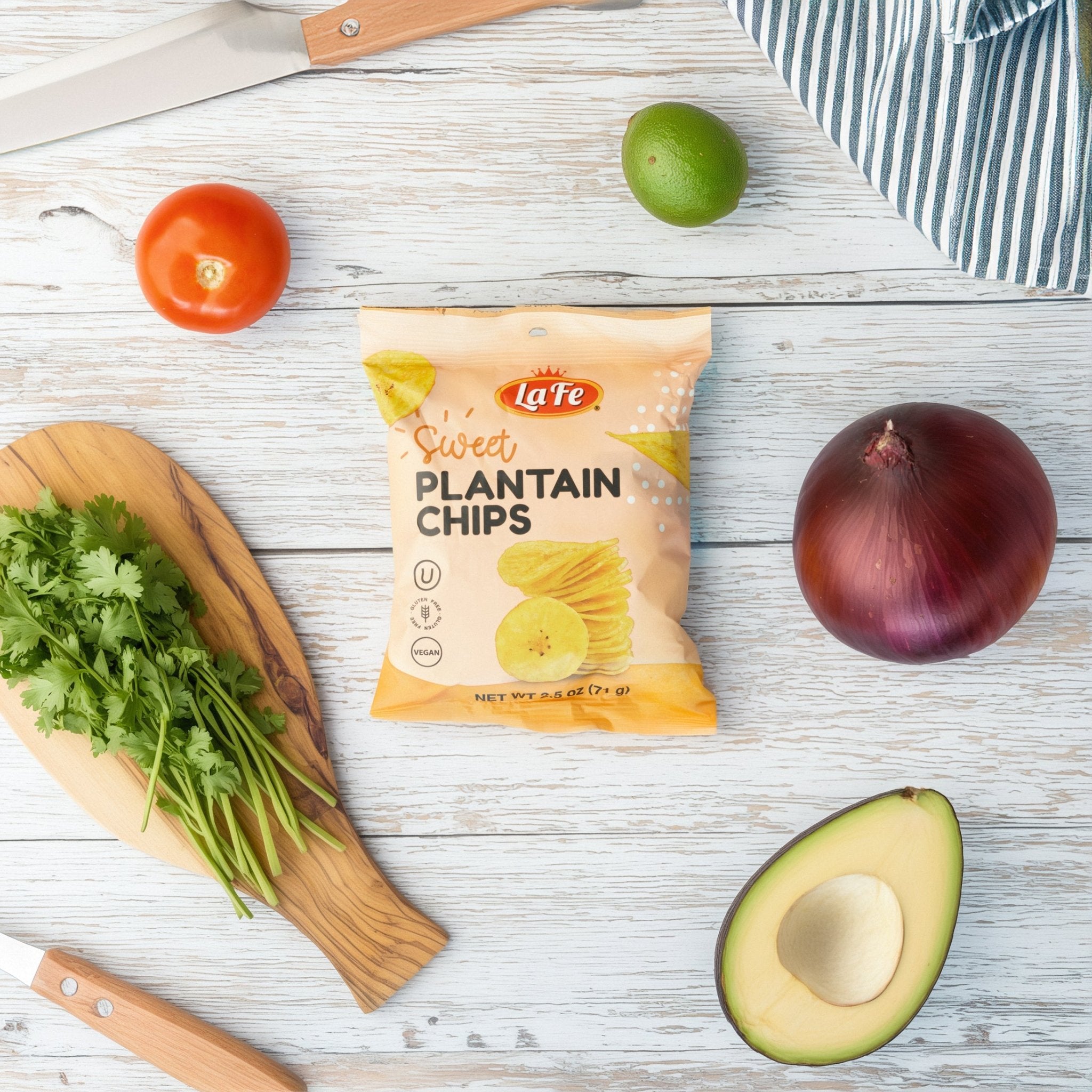 La Fe Sweet Plantain Chips with fresh ingredients, perfect for a quality Latin snack experience.