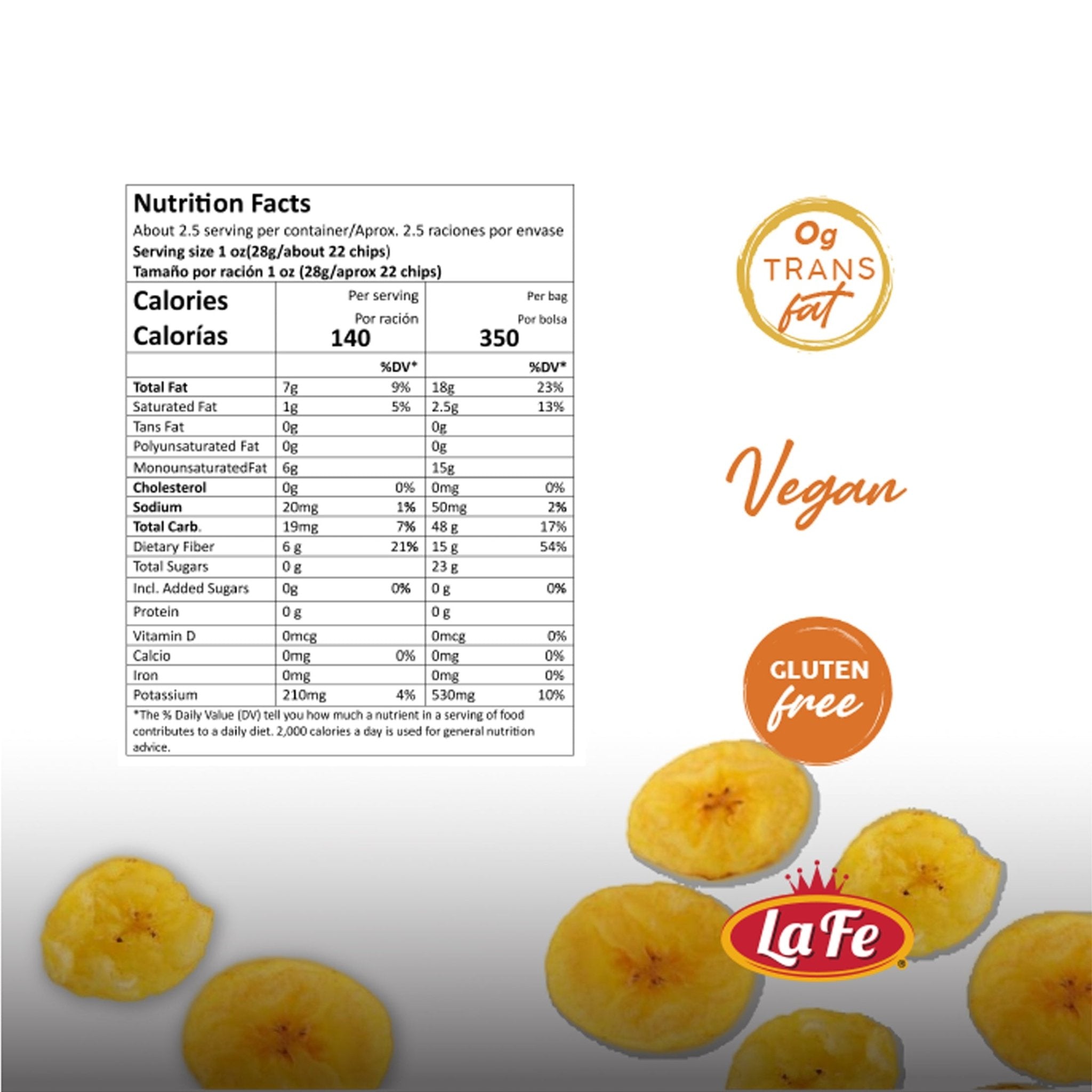 Nutrition facts for La Fe Sweet Plantain Chips, vegan and gluten-free snack; highlights include 0g trans fat and quality ingredients.