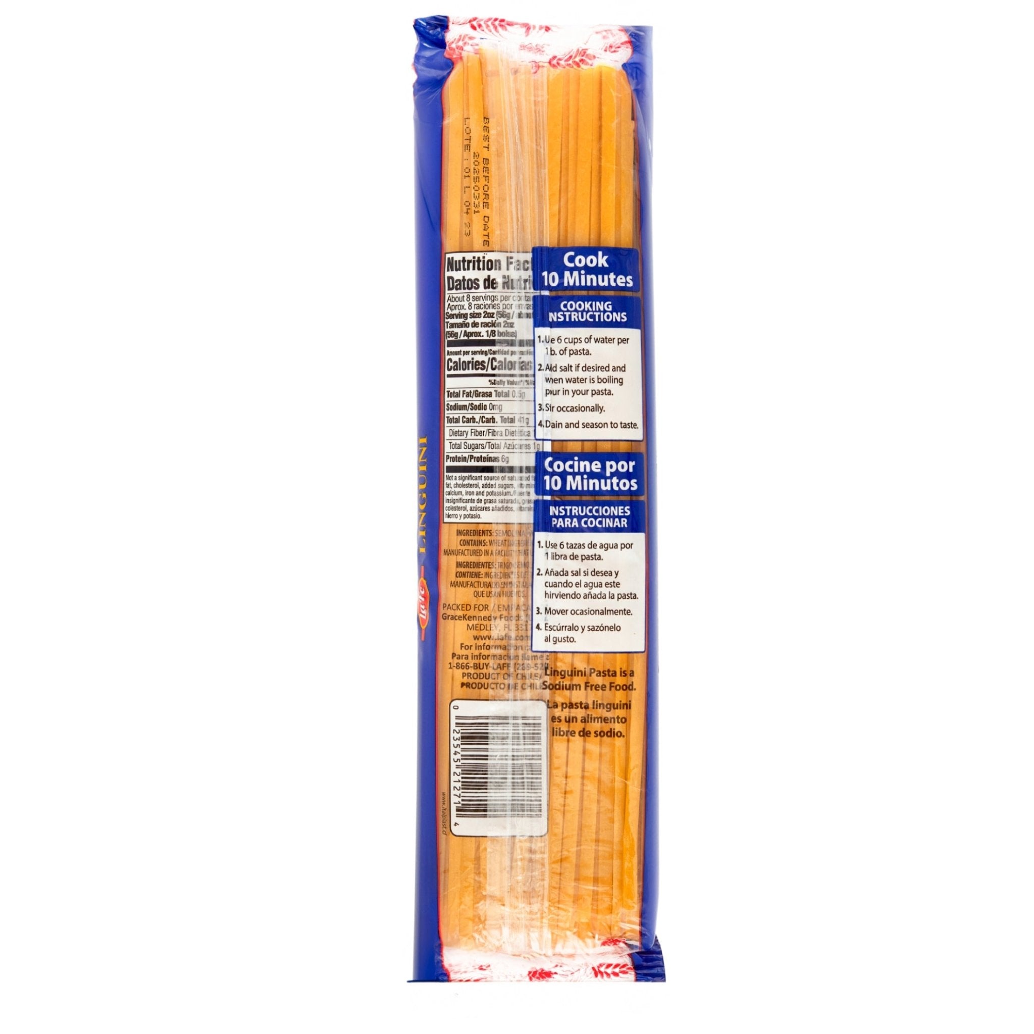 La Fe Pasta Linguini 20 oz pack with cooking instructions for authentic Latin food dishes.