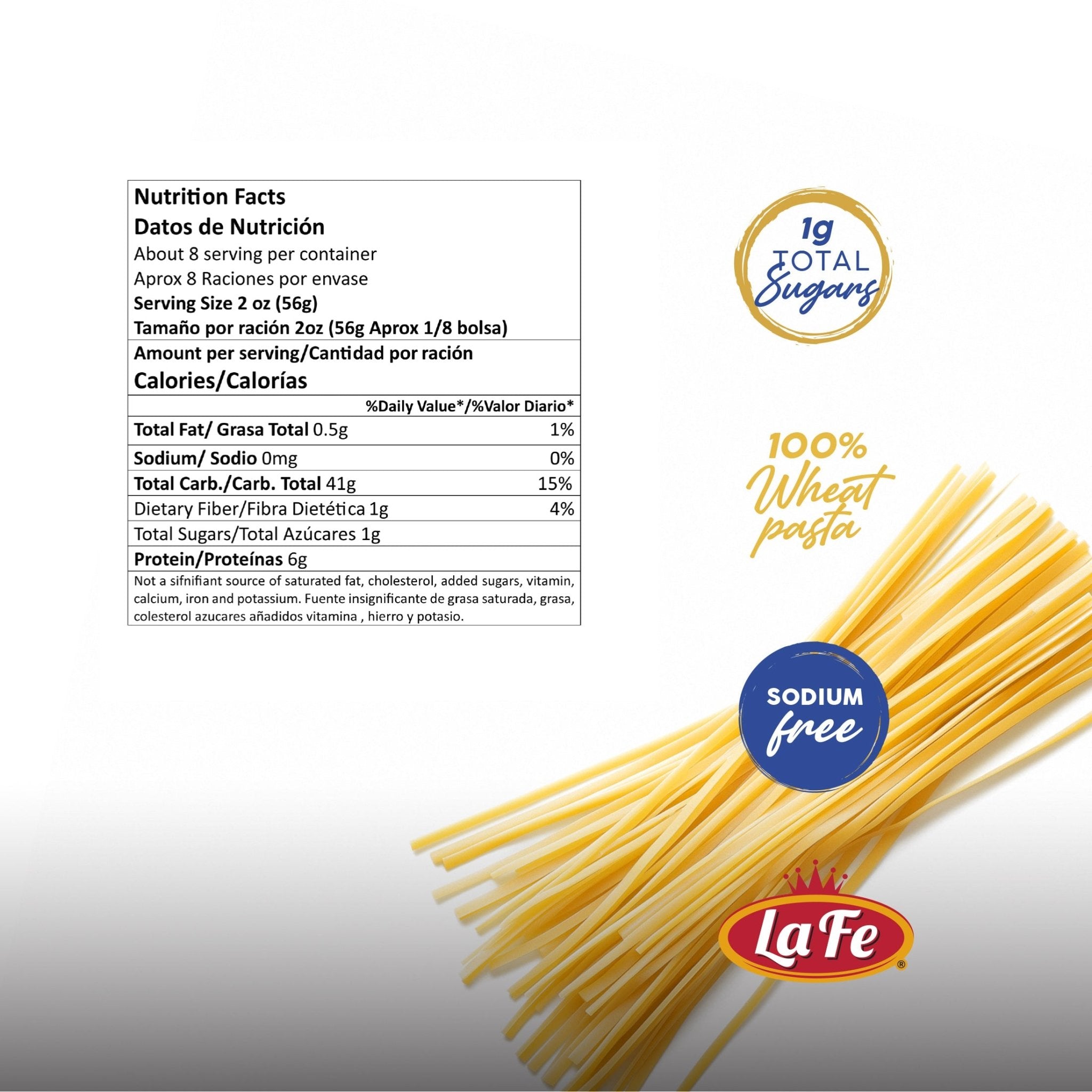 Nutrition facts for La Fe Pasta Linguini, 100% wheat pasta, sodium free, 19g total sugars, quality Latin food.