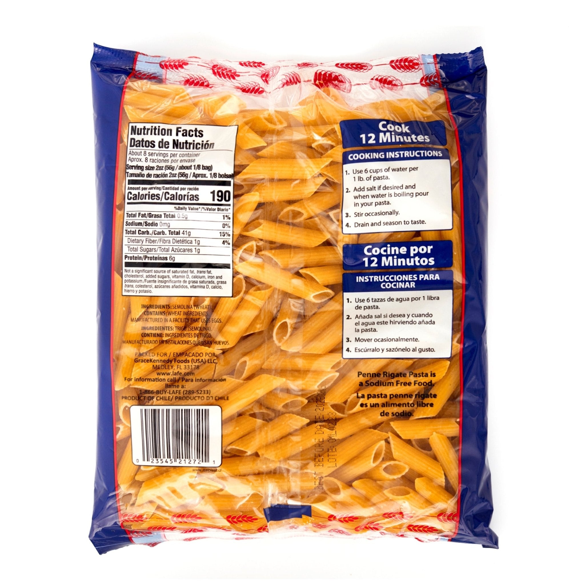 La Fe Pasta Penne Rigate packaging showcasing nutritional facts and cooking instructions for authentic Latin food.