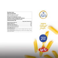 Nutrition facts for La Fe Penne Rigate, showcasing quality ingredients for authentic Latin food.